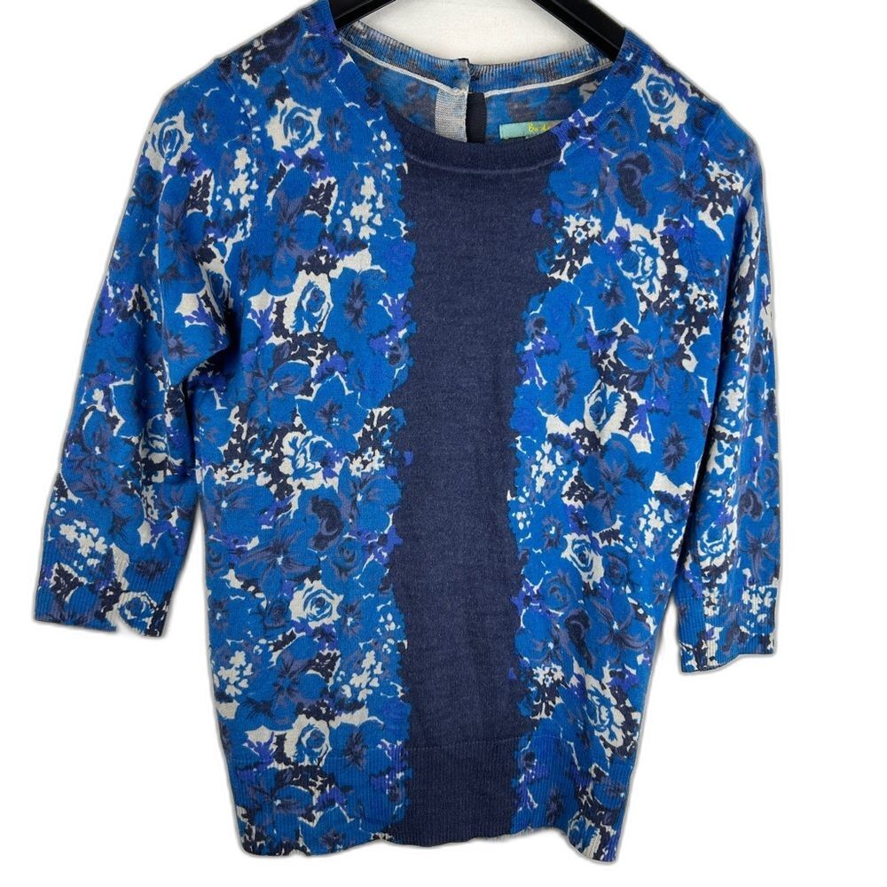 Boden 100% wool sweater floral pullover size 12 back button 4/3 sleeve soft